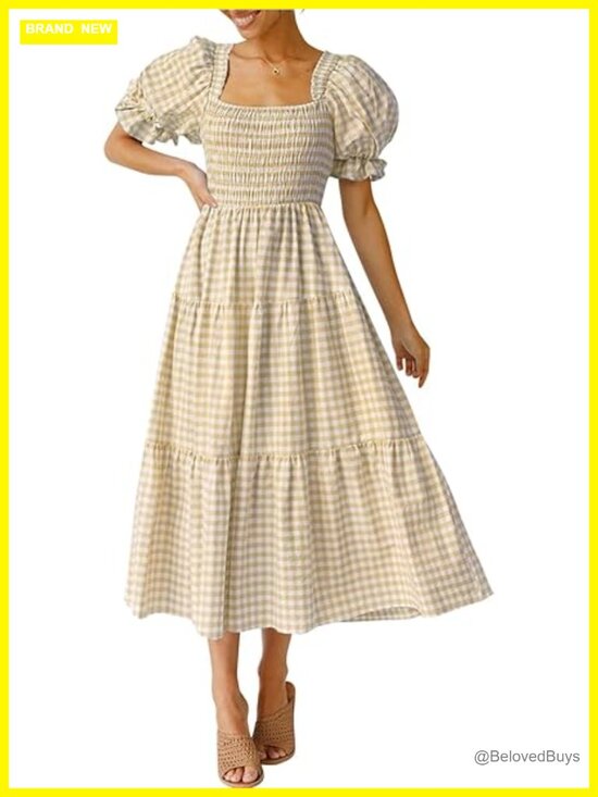 Dresses & Skirts - Boho Summer Midi Dress with Square Neck and Puff Sleeves